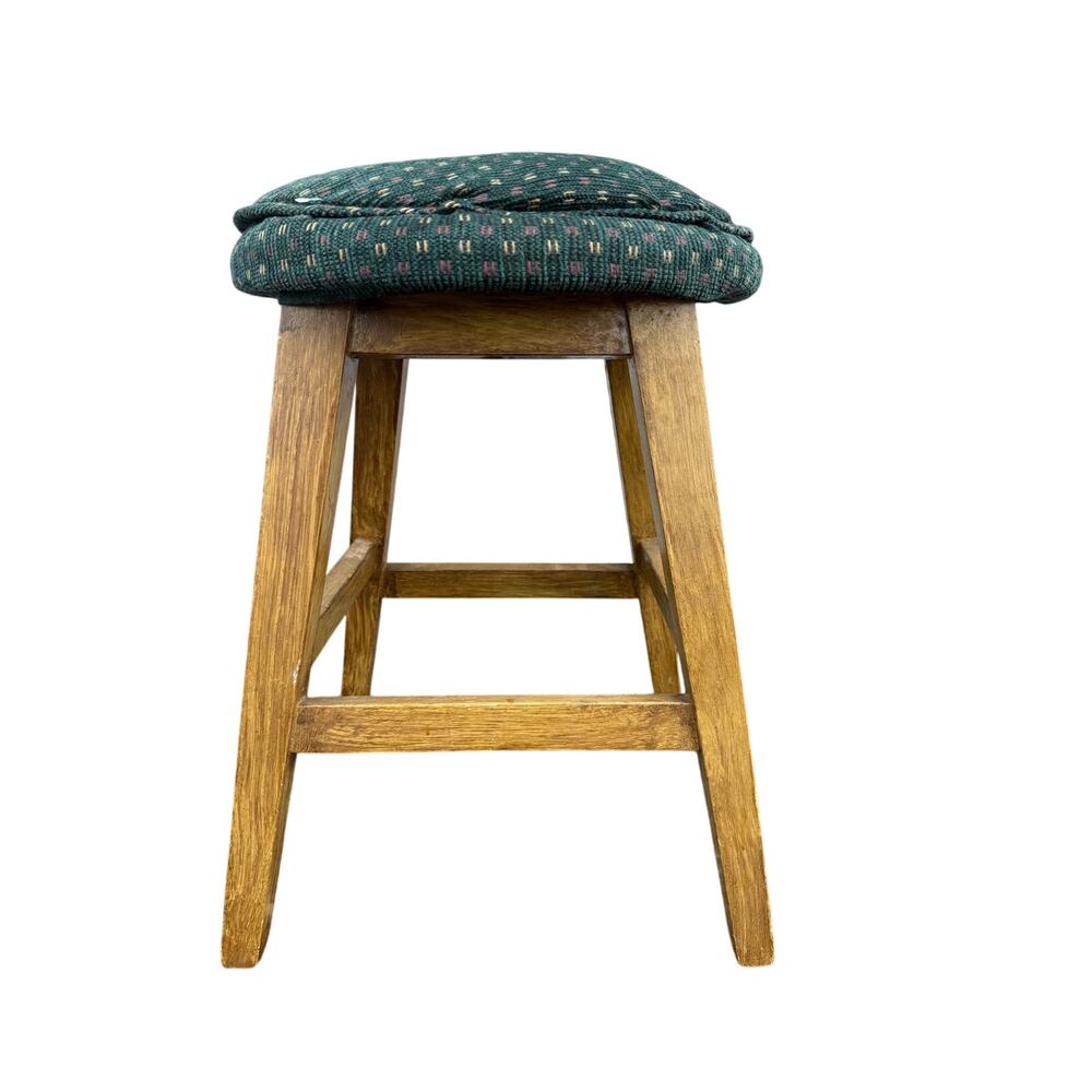 peter Birch stool round wooden light brown green cushion cover vintage
